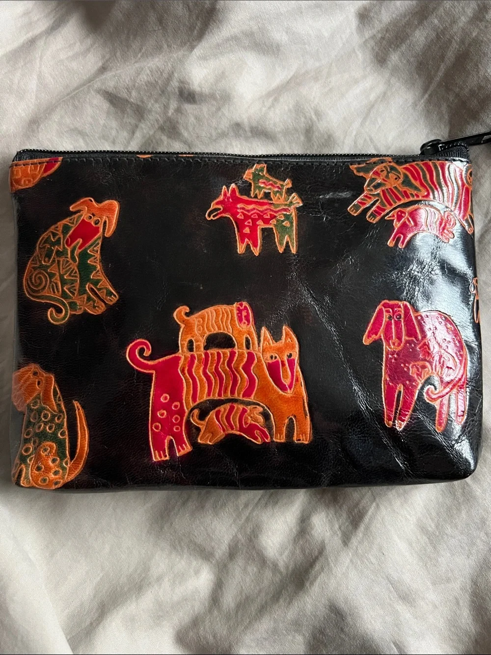 Laurel Burch Black Cosmetic Pouch with Orange, Pink and Green Dog Designs
